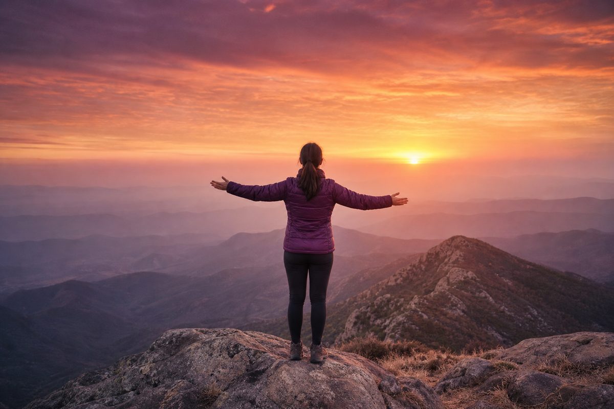 A person at the top of a hill at sunrise, arms open